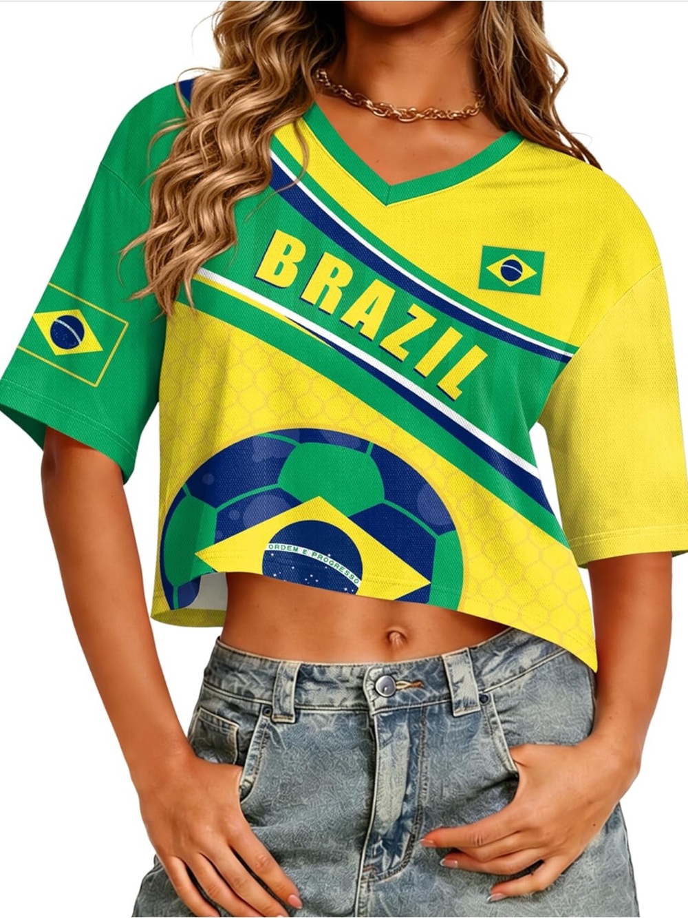 Brazil Flag V-Neck Crop Top for Women - Yellow & Green